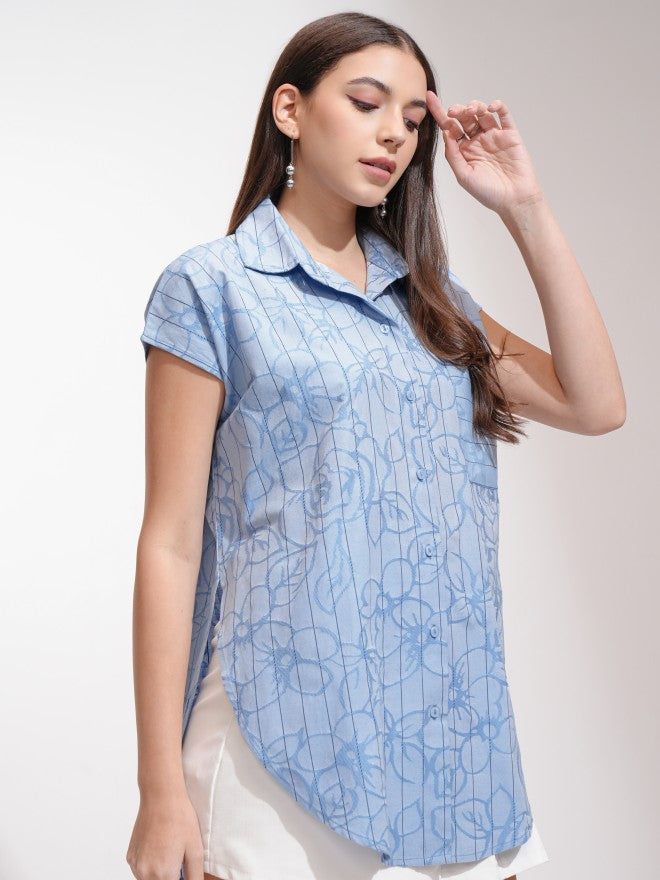 Tokyo Talkies Women Blue Striped Oversized Fit Casual Shirt - Blue - Image 6