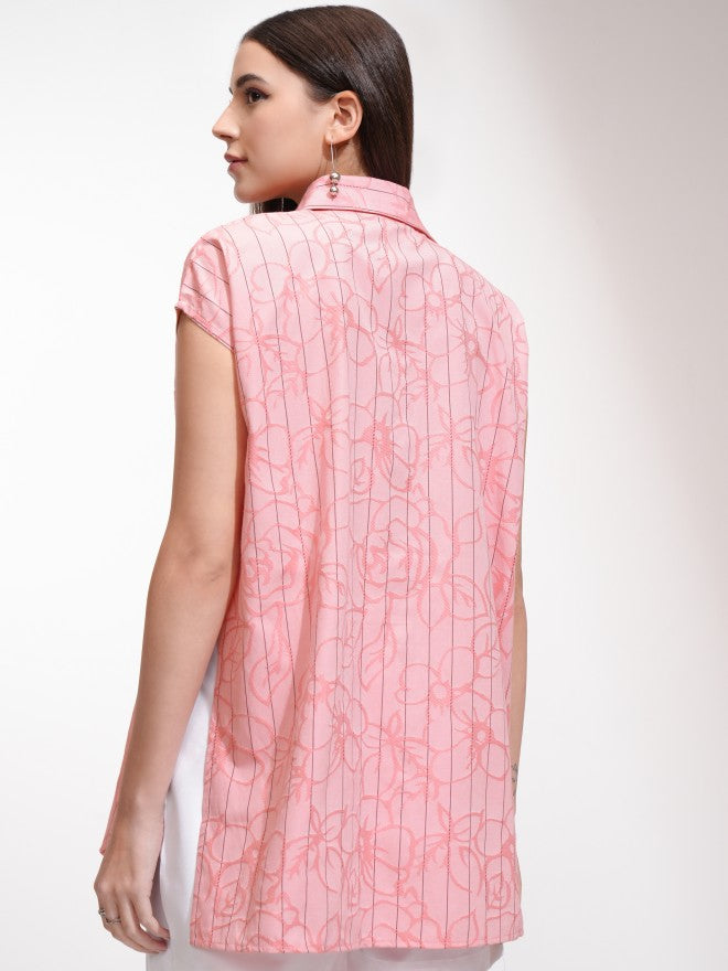Tokyo Talkies Women Coral Striped Oversized Fit Casual Shirt - Coral - Image 3