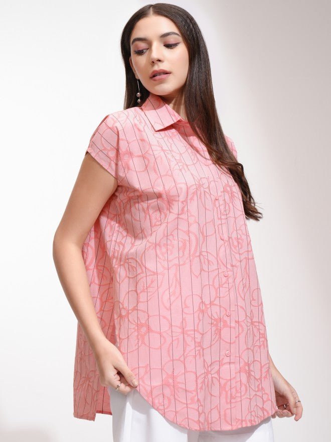 Tokyo Talkies Women Coral Striped Oversized Fit Casual Shirt - Coral - Image 6