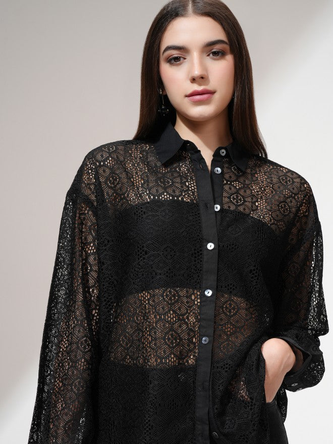Tokyo Talkies Women Black Self Design Casual Shirt - Black - Image 1