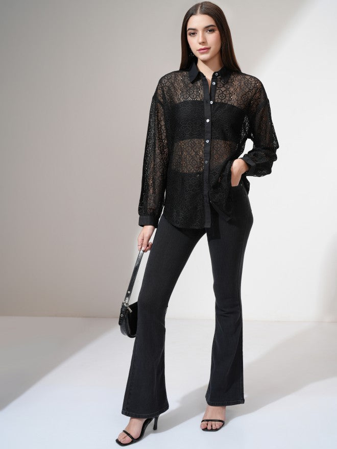 Tokyo Talkies Women Black Self Design Casual Shirt - Black - Image 2
