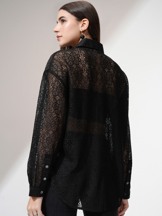 Tokyo Talkies Women Black Self Design Casual Shirt - Black - Image 3
