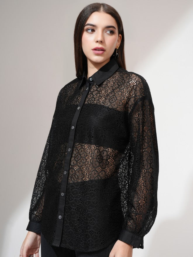 Tokyo Talkies Women Black Self Design Casual Shirt - Black - Image 4