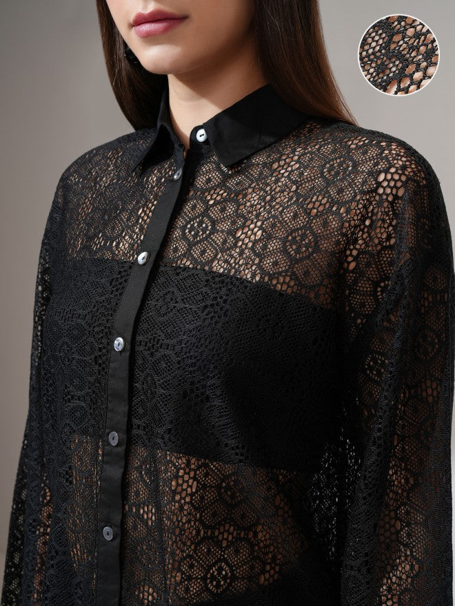 Tokyo Talkies Women Black Self Design Casual Shirt - Black - Image 5