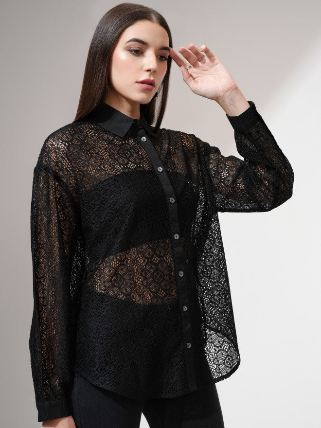 Tokyo Talkies Women Black Self Design Casual Shirt - Black - Image 6