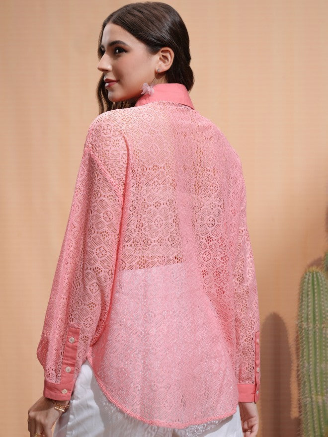 Tokyo Talkies Women Pink Self Design Regular Fit Casual Shirt - Pink - Image 3
