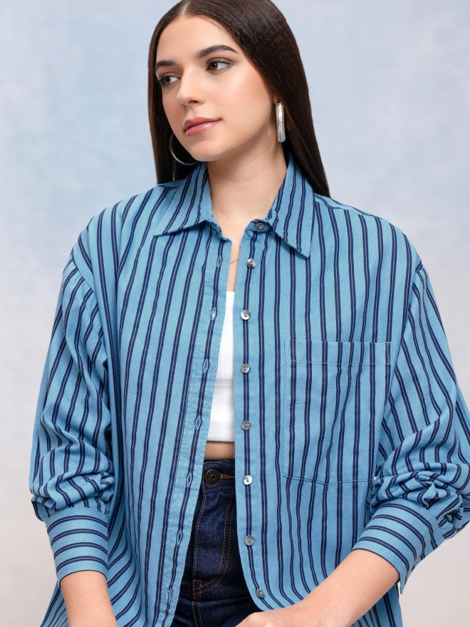 Tokyo Talkies Women Blue Striped Oversized Fit Casual Shirt - Blue - Image 1