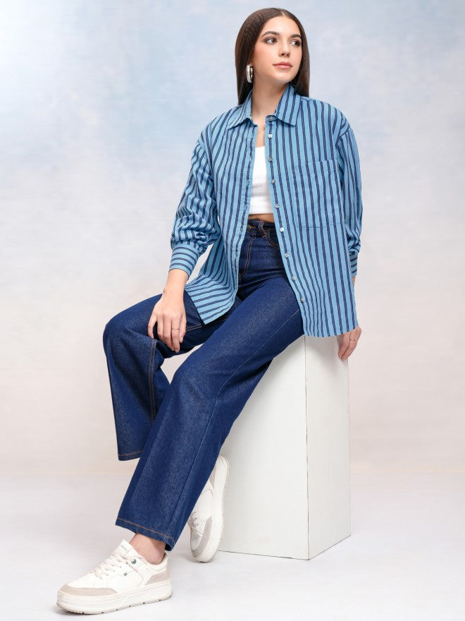 Tokyo Talkies Women Blue Striped Oversized Fit Casual Shirt - Blue - Image 2