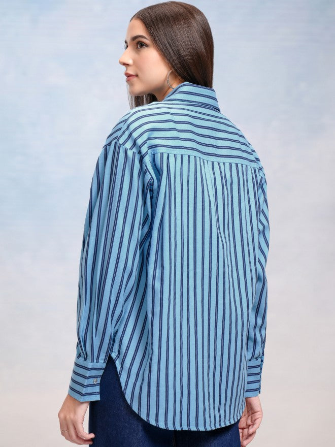 Tokyo Talkies Women Blue Striped Oversized Fit Casual Shirt - Blue - Image 3