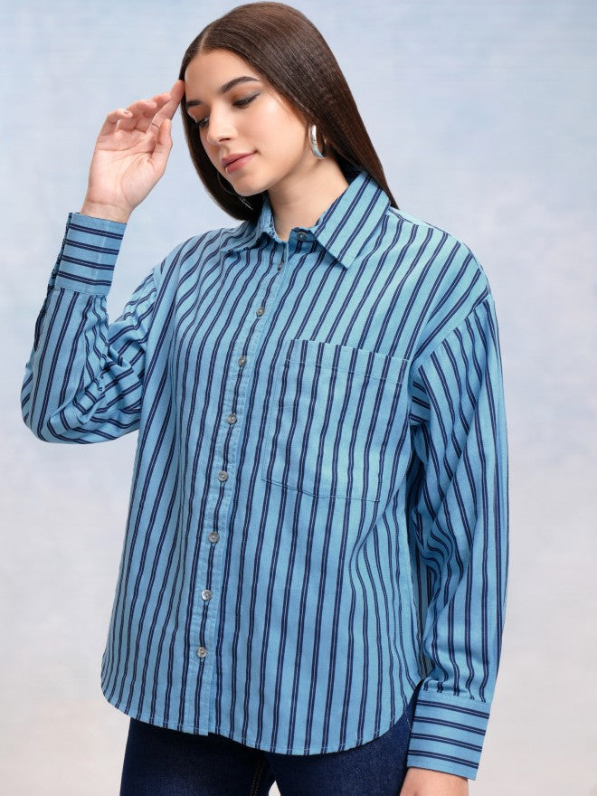 Tokyo Talkies Women Blue Striped Oversized Fit Casual Shirt - Blue - Image 4