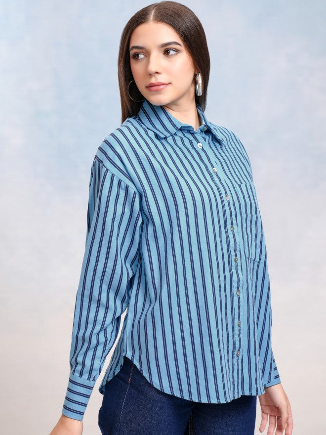 Tokyo Talkies Women Blue Striped Oversized Fit Casual Shirt - Blue - Image 6