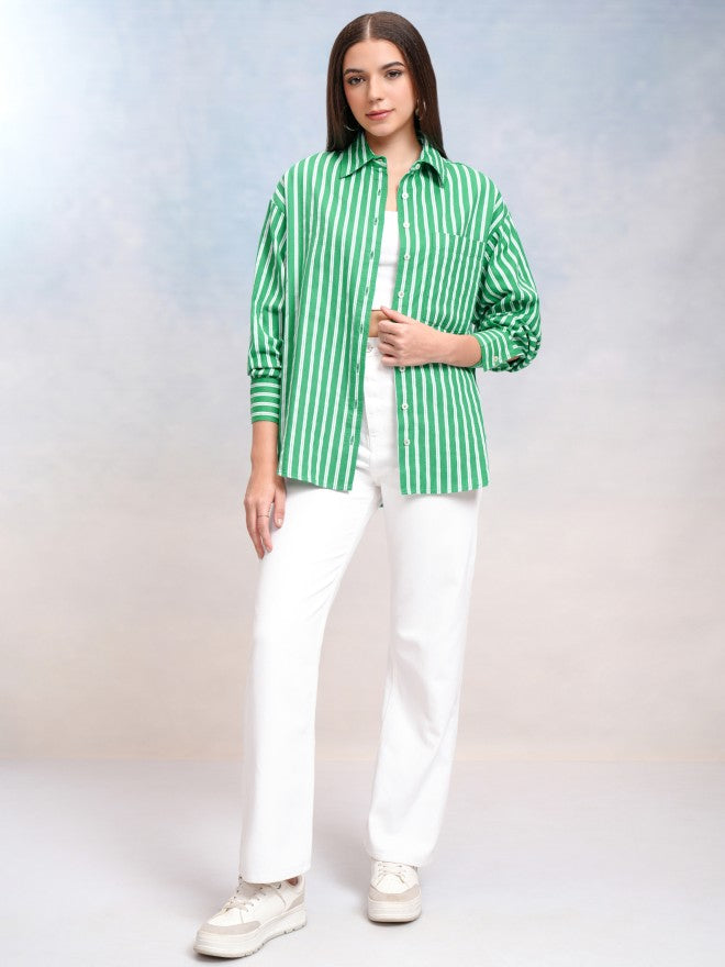 Tokyo Talkies Women Green Striped Oversized Fit Casual Shirt - Green - Image 2