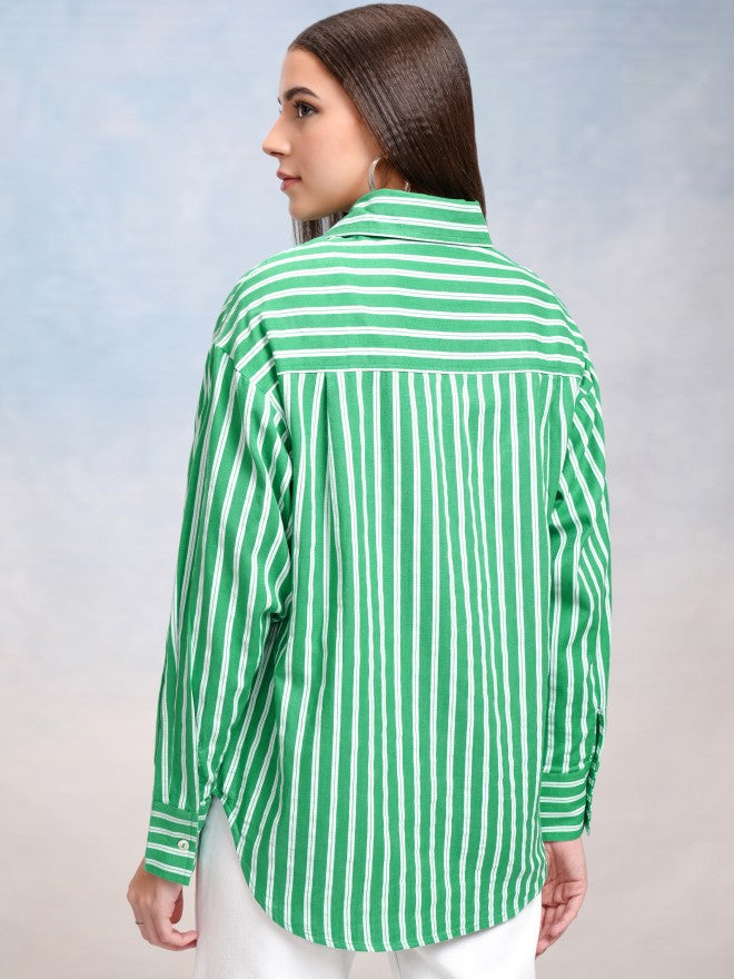 Tokyo Talkies Women Green Striped Oversized Fit Casual Shirt - Green - Image 3