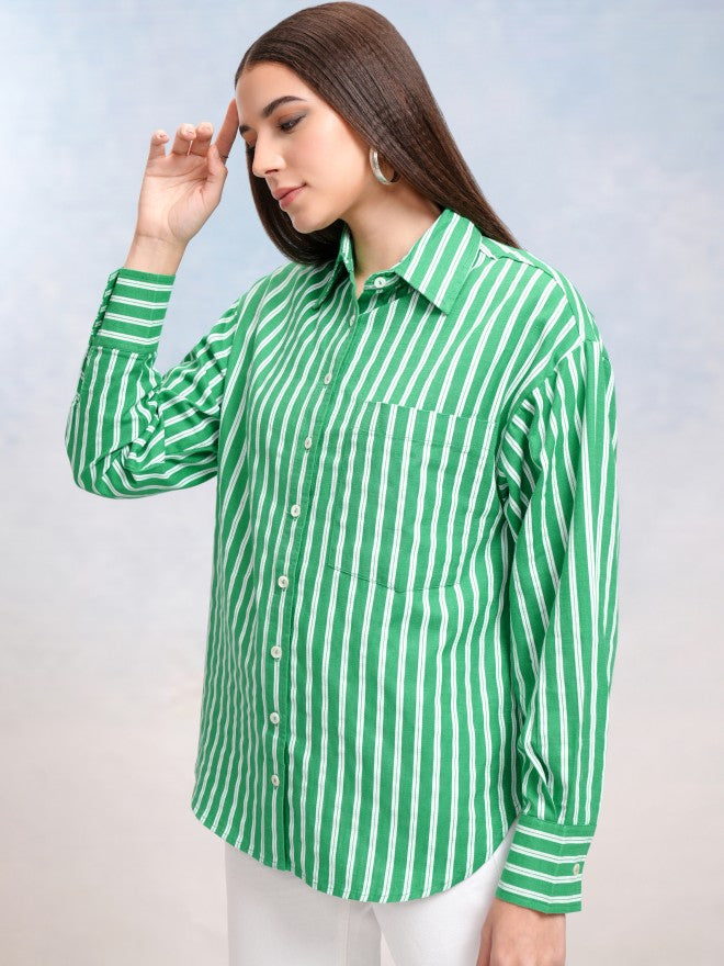 Tokyo Talkies Women Green Striped Oversized Fit Casual Shirt - Green - Image 4