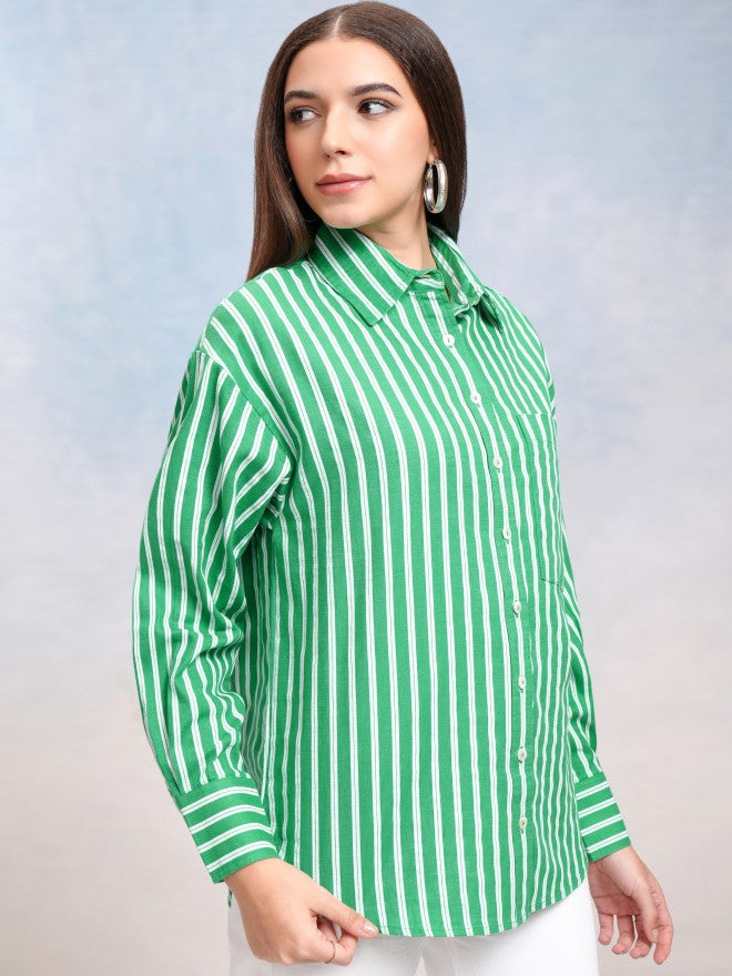 Tokyo Talkies Women Green Striped Oversized Fit Casual Shirt - Green - Image 6