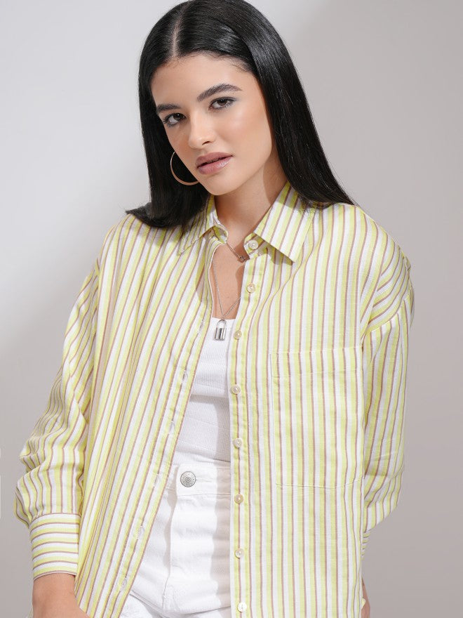 Tokyo Talkies Women Yellow Striped Oversized Fit Casual Shirt - Yellow - Image 1