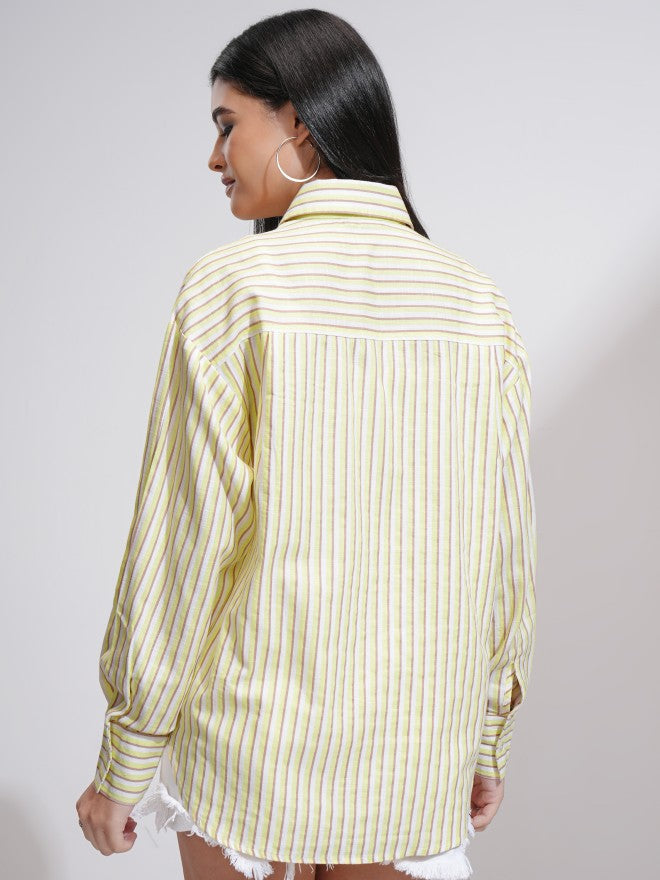 Tokyo Talkies Women Yellow Striped Oversized Fit Casual Shirt - Yellow - Image 3