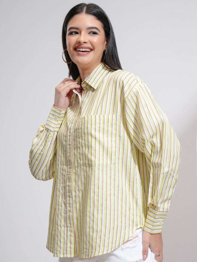 Tokyo Talkies Women Yellow Striped Oversized Fit Casual Shirt - Yellow - Image 4