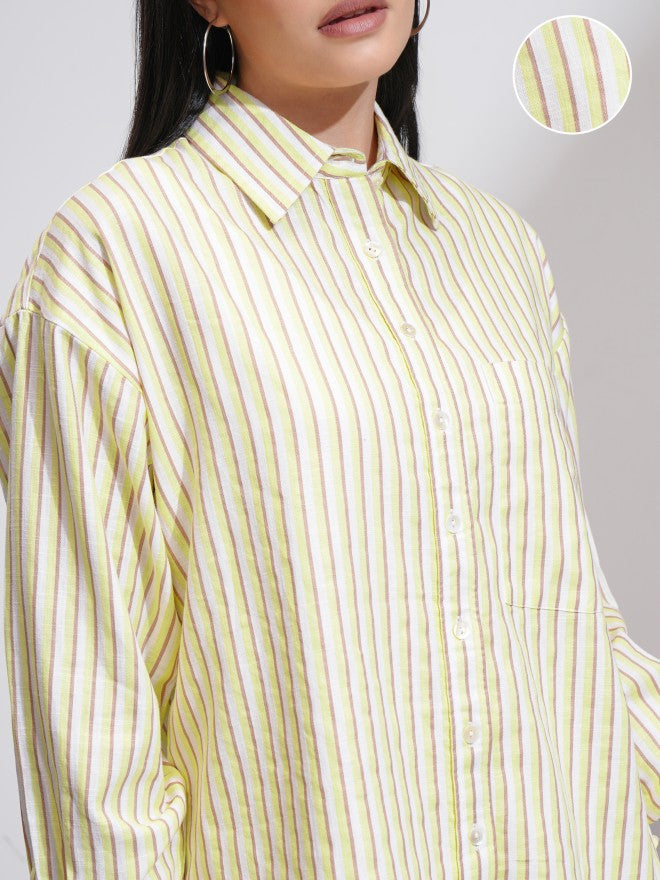 Tokyo Talkies Women Yellow Striped Oversized Fit Casual Shirt - Yellow - Image 5