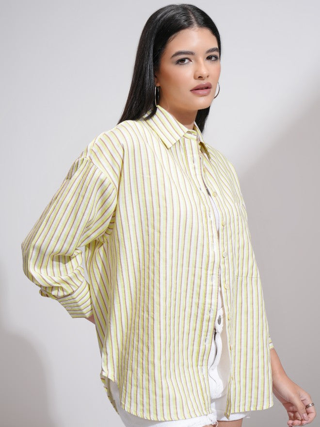 Tokyo Talkies Women Yellow Striped Oversized Fit Casual Shirt - Yellow - Image 6