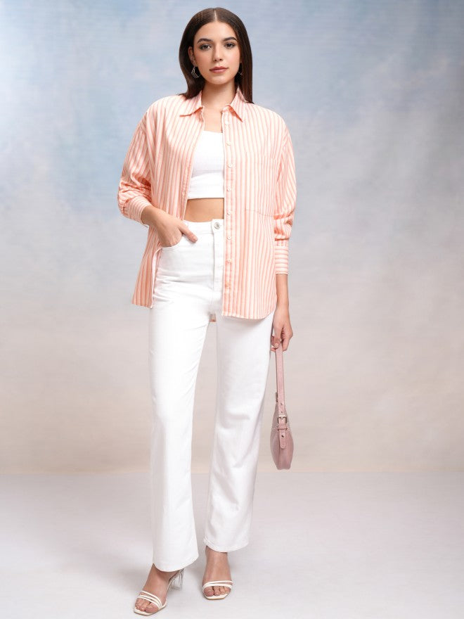 Tokyo Talkies Women Peach Striped Oversized Fit Casual Shirt - Peach - Image 2