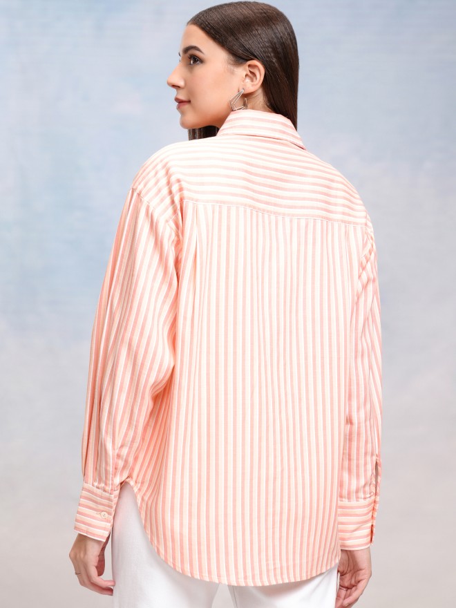 Tokyo Talkies Women Peach Striped Oversized Fit Casual Shirt - Peach - Image 3