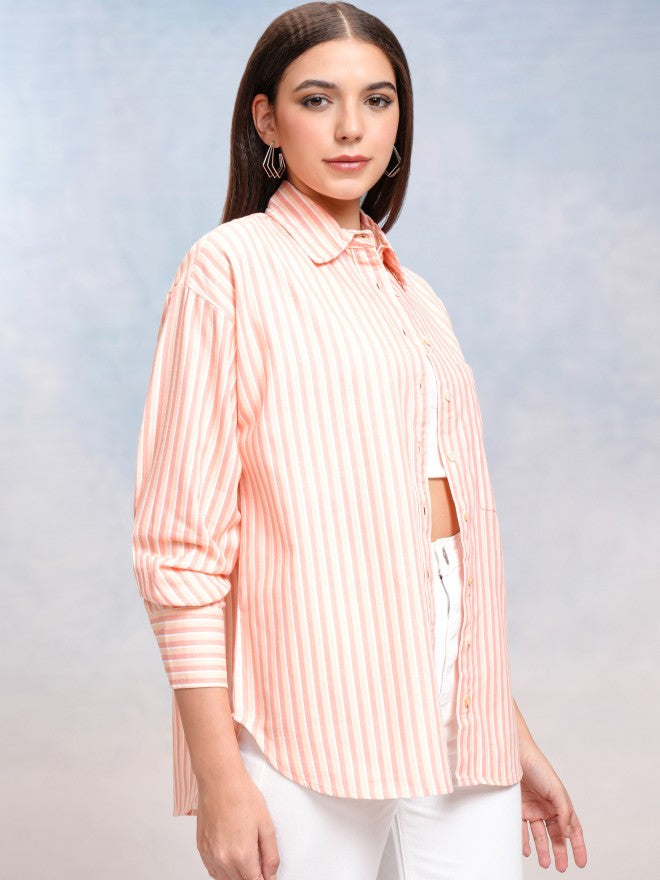Tokyo Talkies Women Peach Striped Oversized Fit Casual Shirt - Peach - Image 6