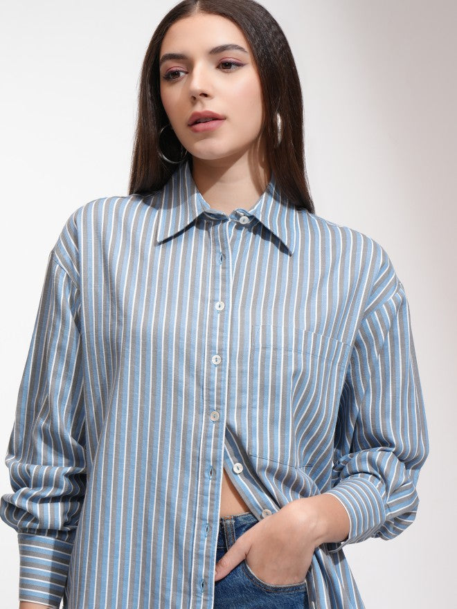 Tokyo Talkies Women Blue Striped Oversized Fit Casual Shirt - Blue - Image 1