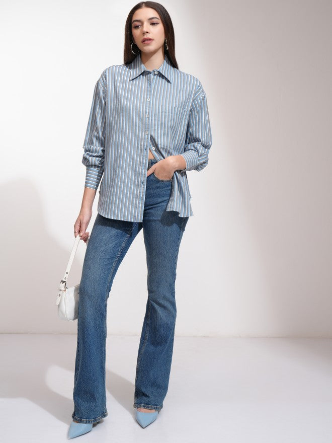 Tokyo Talkies Women Blue Striped Oversized Fit Casual Shirt - Blue - Image 2