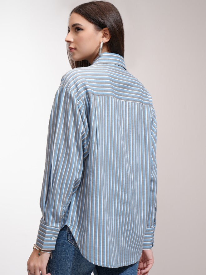 Tokyo Talkies Women Blue Striped Oversized Fit Casual Shirt - Blue - Image 3