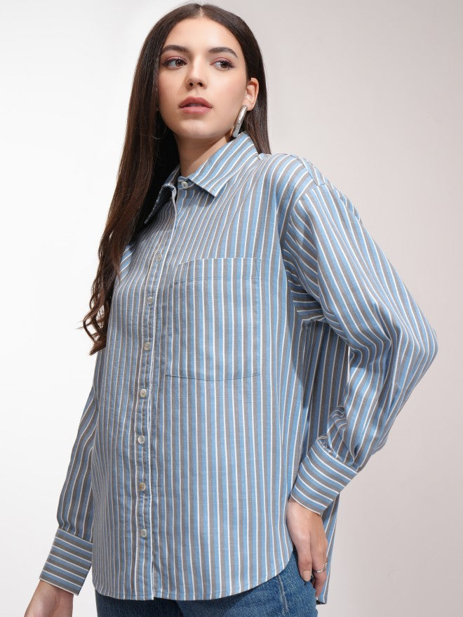 Tokyo Talkies Women Blue Striped Oversized Fit Casual Shirt - Blue - Image 4