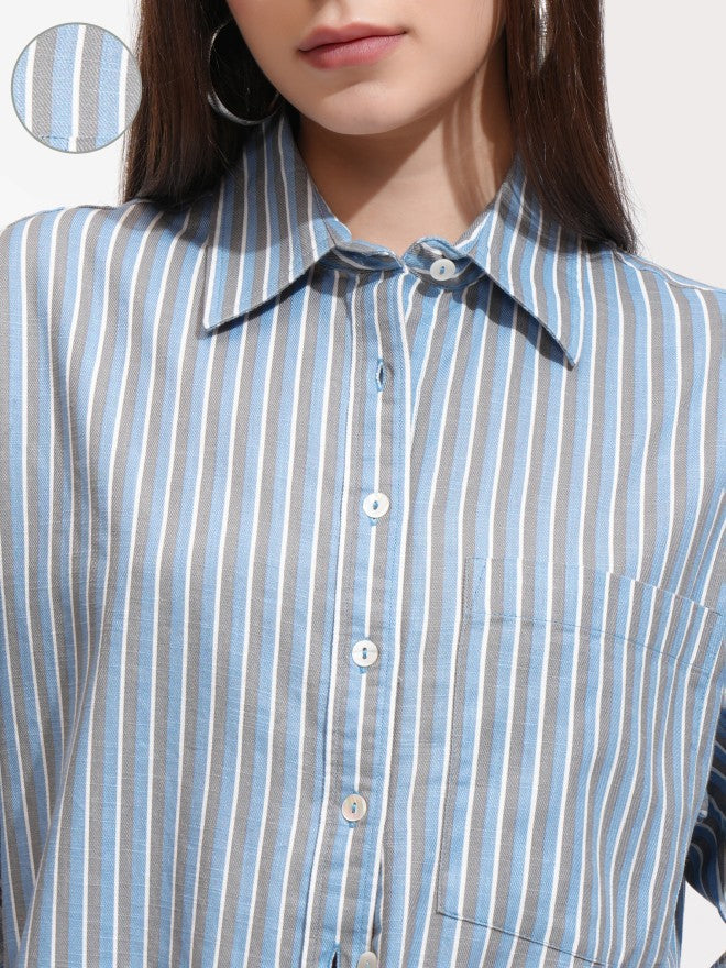 Tokyo Talkies Women Blue Striped Oversized Fit Casual Shirt - Blue - Image 5