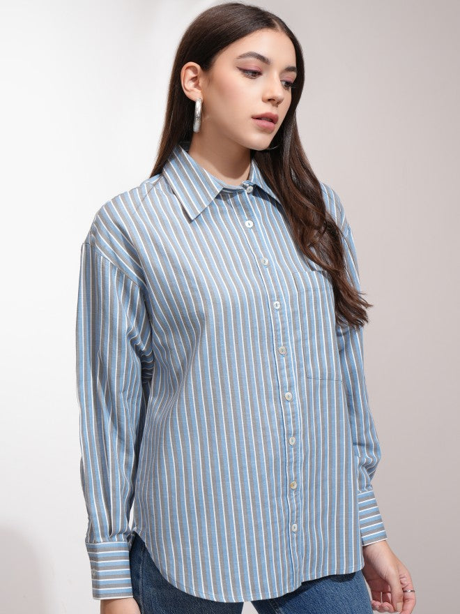 Tokyo Talkies Women Blue Striped Oversized Fit Casual Shirt - Blue - Image 6