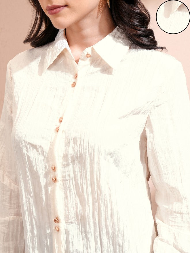 Tokyo Talkies Women Off White Self Design Casual Shirt - Off White - Image 5