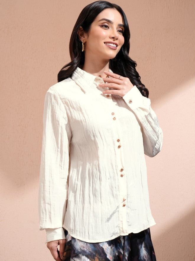Tokyo Talkies Women Off White Self Design Casual Shirt - Off White - Image 6