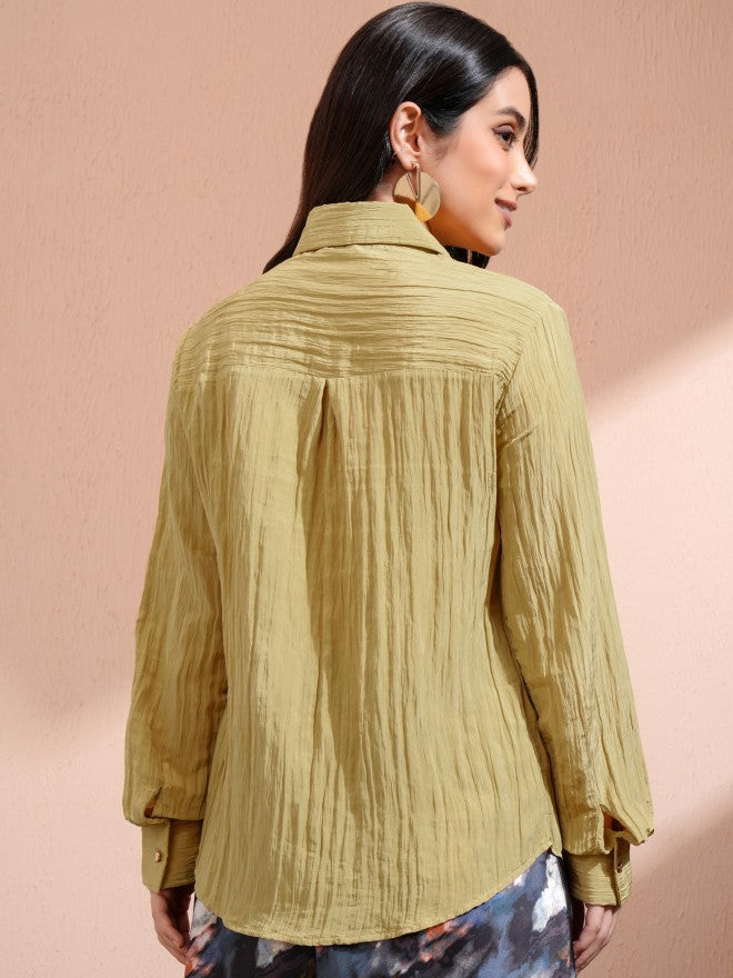 Tokyo Talkies Women Khaki Self Design Casual Shirt - Khaki - Image 3