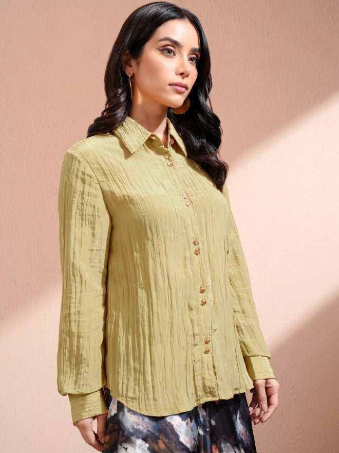 Tokyo Talkies Women Khaki Self Design Casual Shirt - Khaki - Image 6