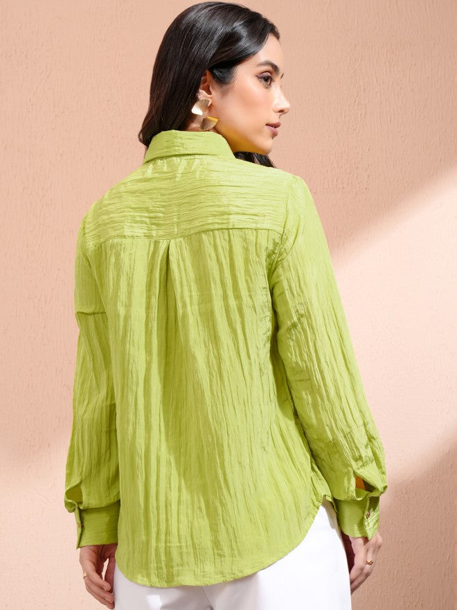 Tokyo Talkies Women Green Self Design Casual Shirt - Green - Image 3