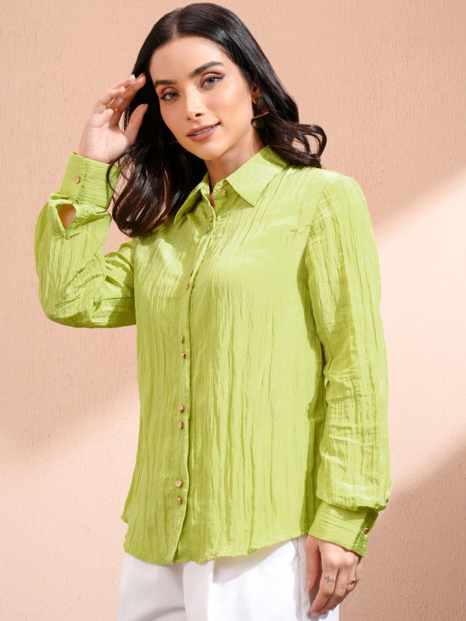 Tokyo Talkies Women Green Self Design Casual Shirt - Green - Image 4