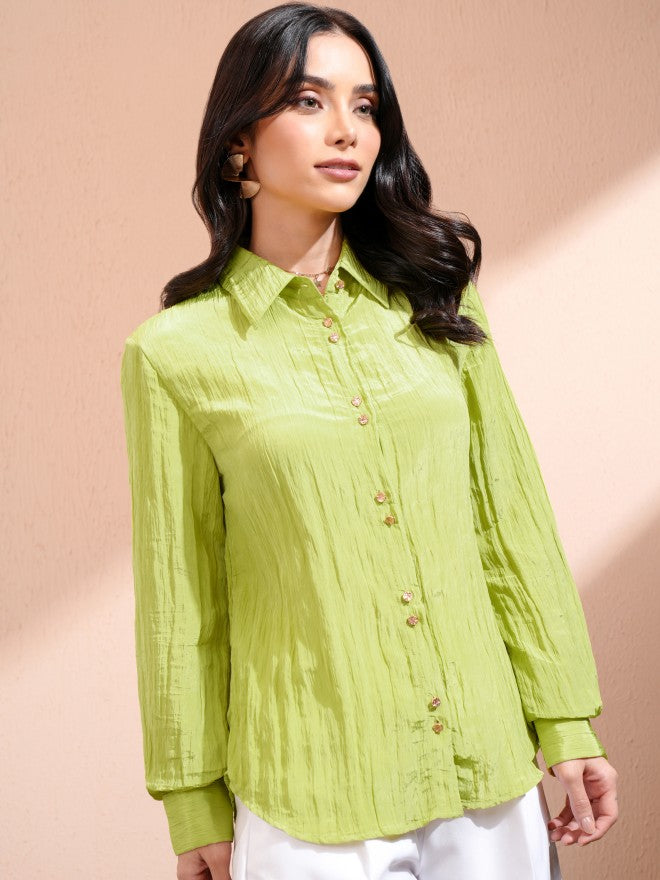 Tokyo Talkies Women Green Self Design Casual Shirt - Green - Image 6