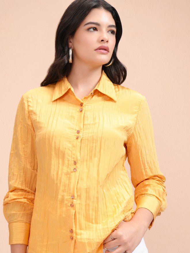 Tokyo Talkies Women Yellow Self Design Casual Shirt - Yellow - Image 1