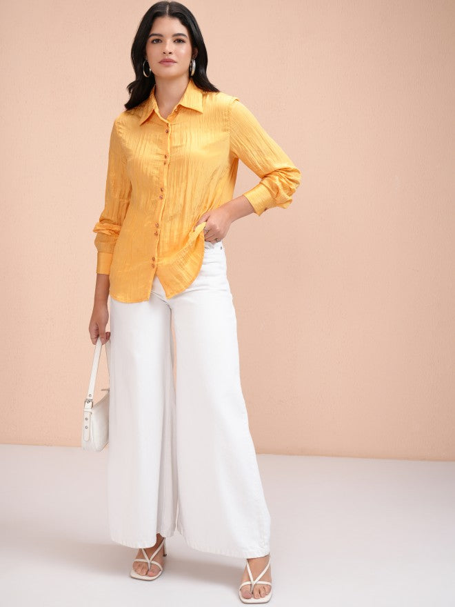 Tokyo Talkies Women Yellow Self Design Casual Shirt - Yellow - Image 2