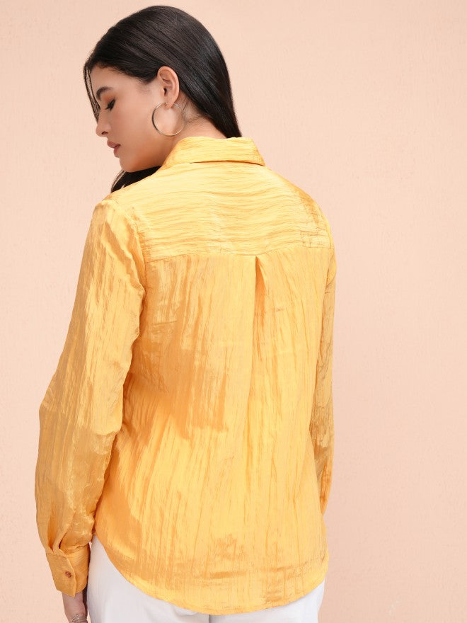 Tokyo Talkies Women Yellow Self Design Casual Shirt - Yellow - Image 3