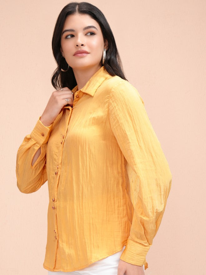Tokyo Talkies Women Yellow Self Design Casual Shirt - Yellow - Image 4