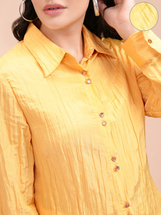 Tokyo Talkies Women Yellow Self Design Casual Shirt - Yellow - Image 5