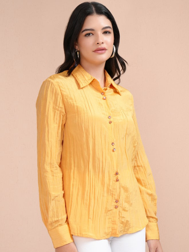 Tokyo Talkies Women Yellow Self Design Casual Shirt - Yellow - Image 6