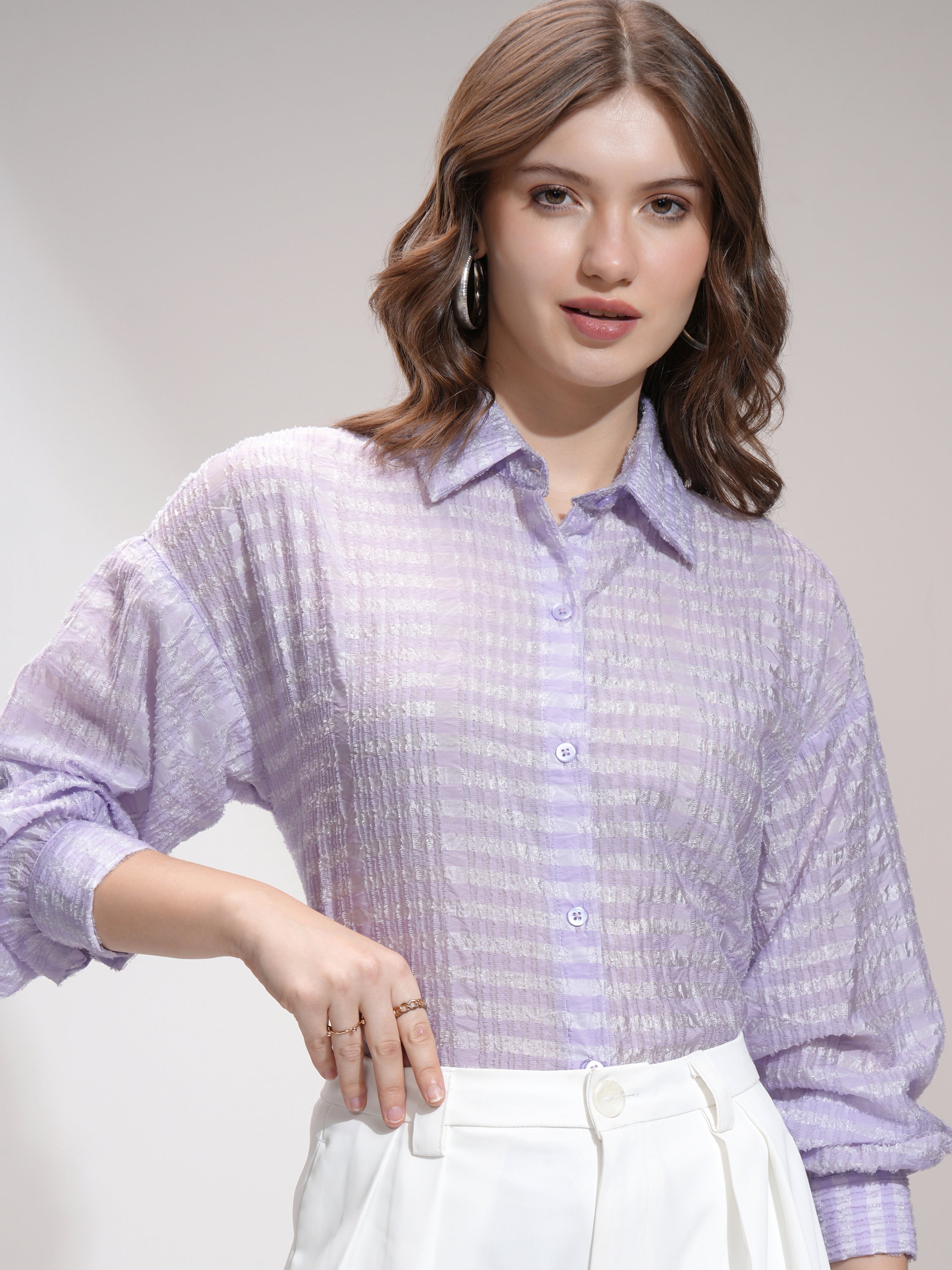 Tokyo Talkies Women Purple Striped Formal Shirt - Purple - Image 1