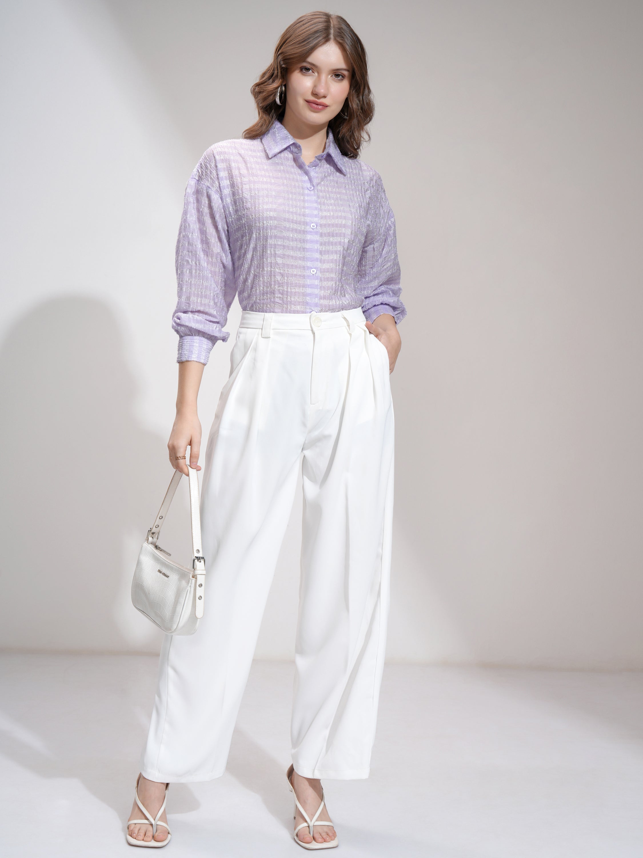 Tokyo Talkies Women Purple Striped Formal Shirt - Purple - Image 2