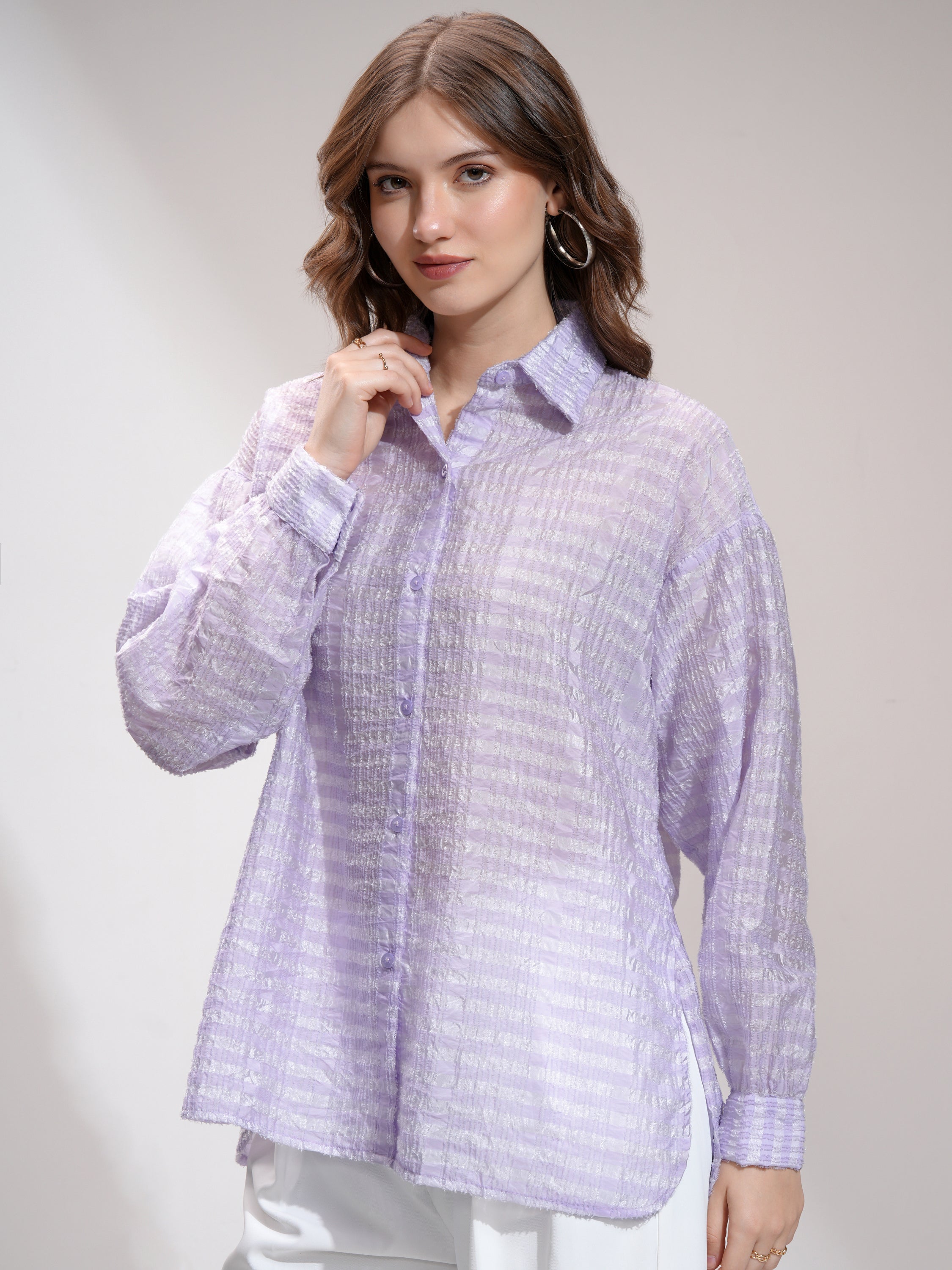Tokyo Talkies Women Purple Striped Formal Shirt - Purple - Image 4