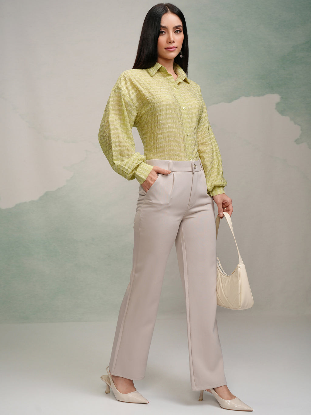 Tokyo Talkies Women Green Checked Oversized Fit Casual Shirt - Green - Image 2